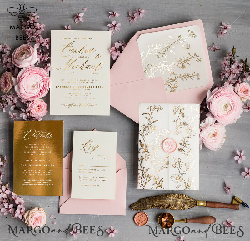 Personalised Blush Pink Wedding invitations, Golden wedding invitations, Elegant Wedding Invitation Suite, Pink Gold Wedding Invites-8