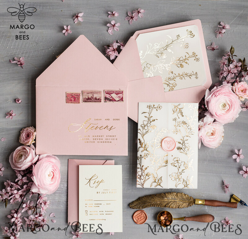 Elegant Pink and Gold Wedding Invitations: Personalised Blush Pink and Golden Wedding Invitation Suite-12