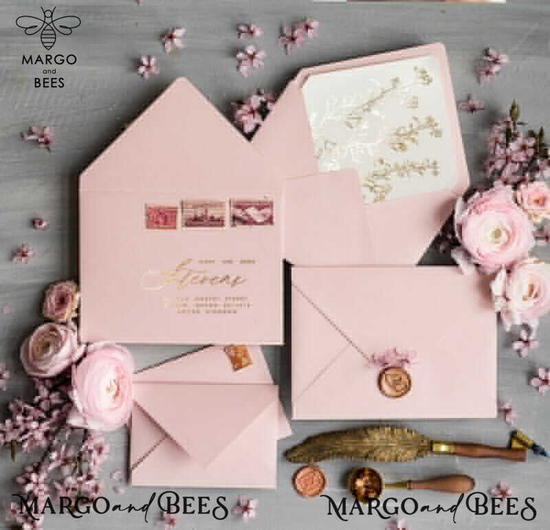 Elegant Pink and Gold Wedding Invitations: Personalised Blush Pink and Golden Wedding Invitation Suite-14