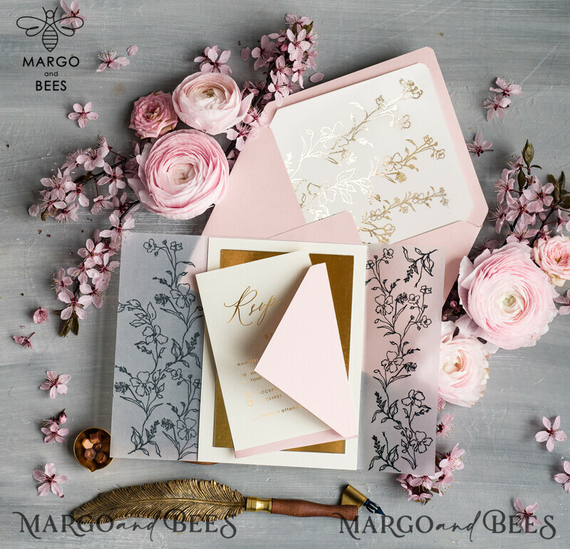 Personalised Blush Pink Wedding invitations, Golden wedding invitations, Elegant Wedding Invitation Suite, Pink Gold Wedding Invites-10