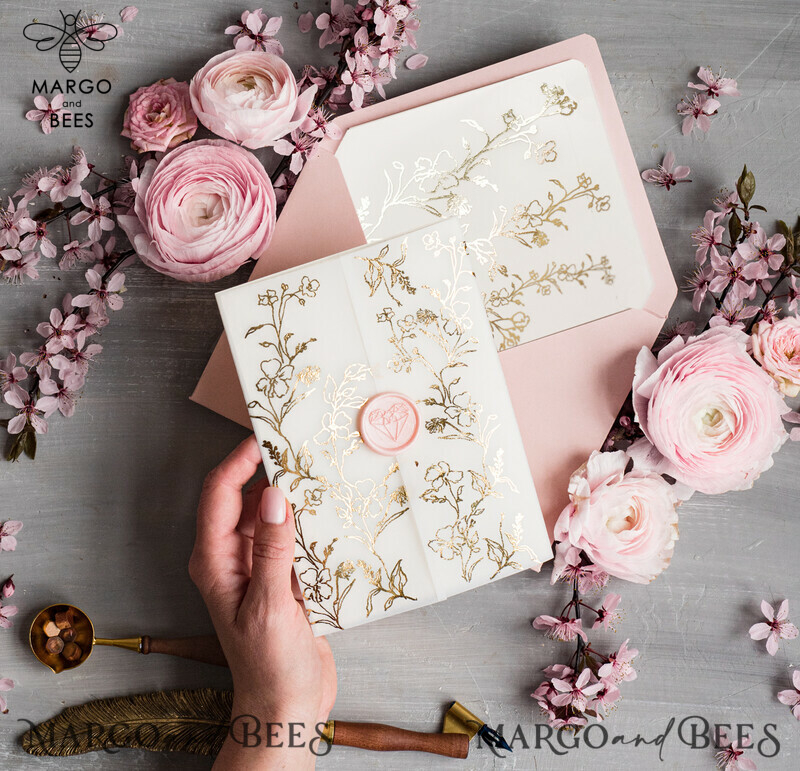 Elegant Pink and Gold Wedding Invitations: Personalised Blush Pink and Golden Wedding Invitation Suite-8