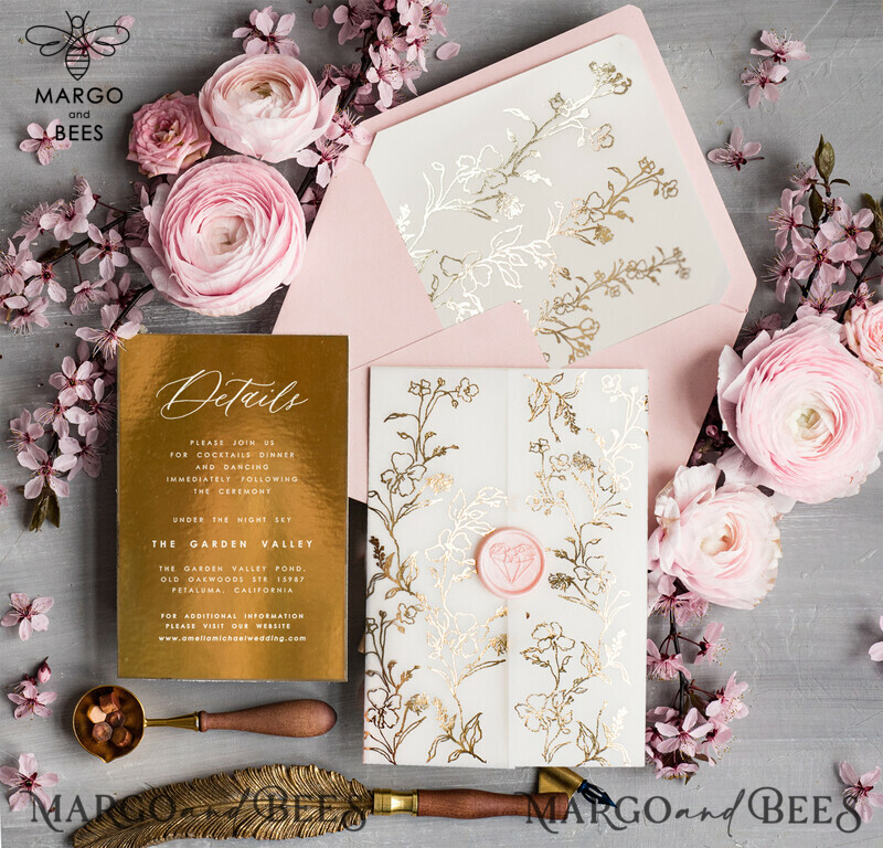 Elegant Pink and Gold Wedding Invitations: Personalised Blush Pink and Golden Wedding Invitation Suite-5