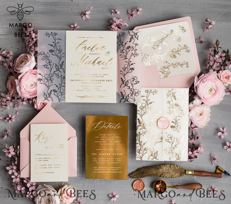 Elegant Pink and Gold Wedding Invitations: Personalised Blush Pink and Golden Wedding Invitation Suite-1