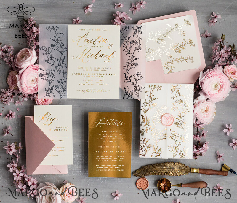 Elegant Pink and Gold Wedding Invitations: Personalised Blush Pink and Golden Wedding Invitation Suite-4