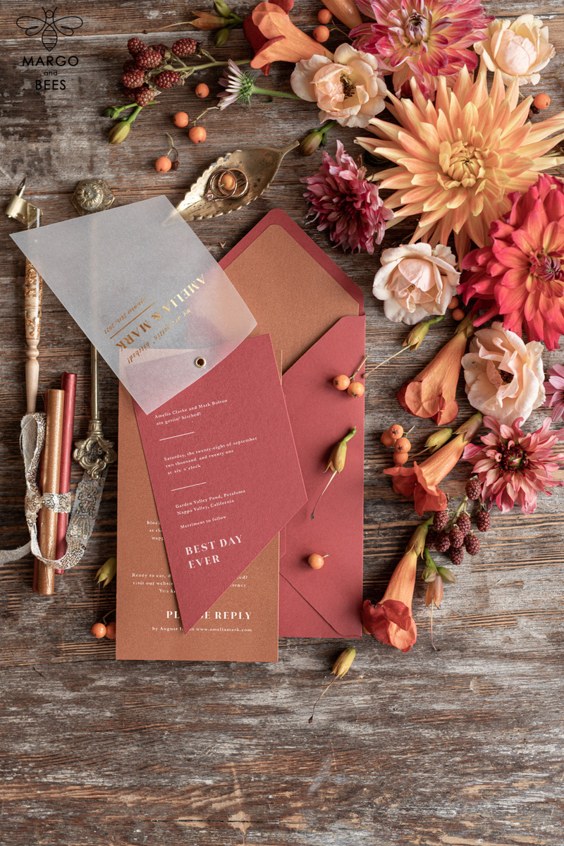 Geometric wedding invitation Suite, Red  Gold Copper Indian  Wedding Cards,  Modern Vellum Wedding Invites -2