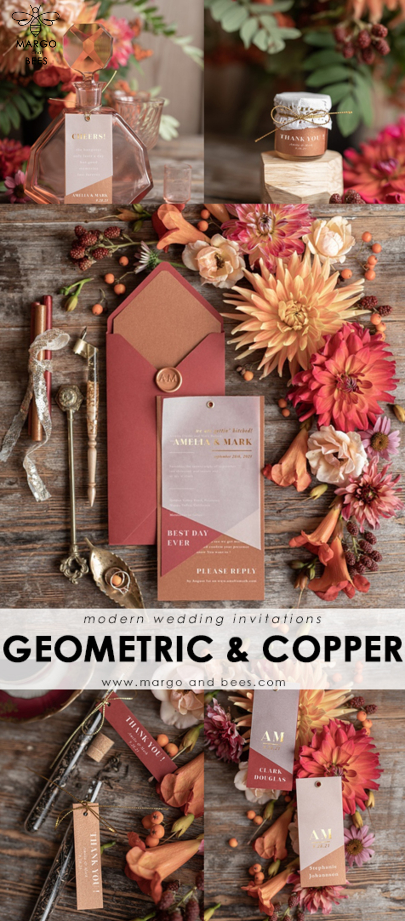 Geometric wedding invitation Suite, Red  Gold Copper Indian  Wedding Cards,  Modern Vellum Wedding Invites -3
