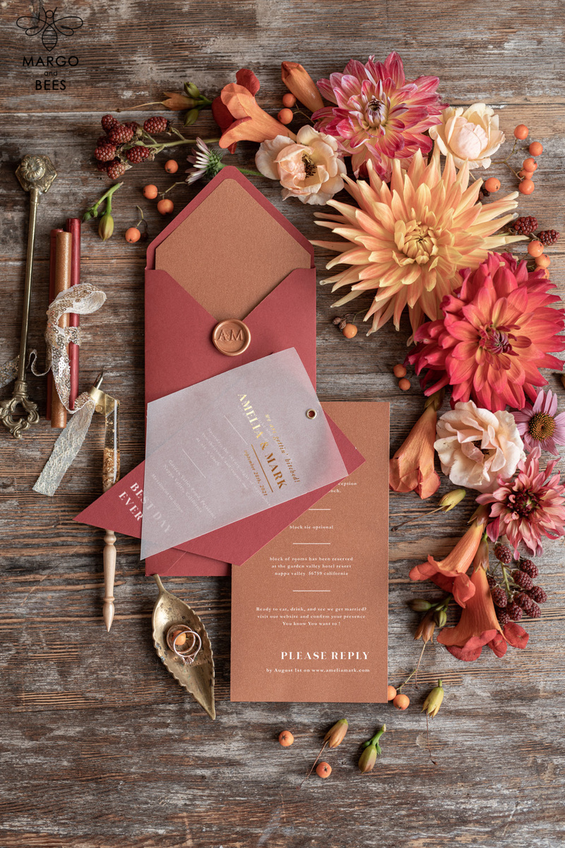 Geometric wedding invitation Suite, Red  Gold Copper Indian  Wedding Cards,  Modern Vellum Wedding Invites -4