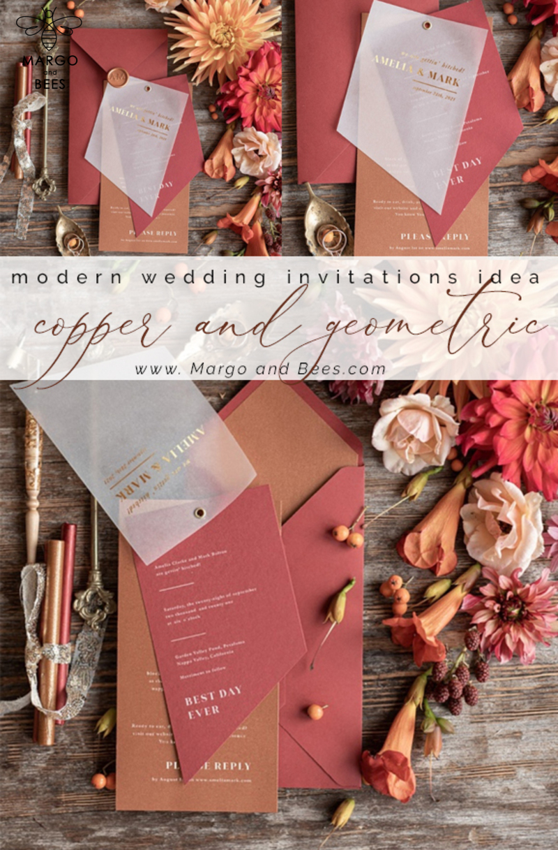 Geometric wedding invitation Suite, Red  Gold Copper Indian  Wedding Cards,  Modern Vellum Wedding Invites -5