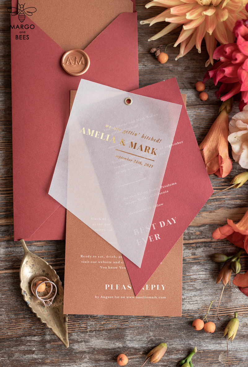 Geometric wedding invitation Suite, Red  Gold Copper Indian  Wedding Cards,  Modern Vellum Wedding Invites -6