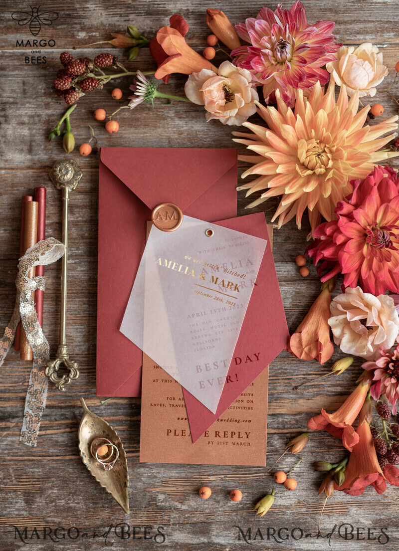 Elegant Geometric Wedding Invitations with Red and Copper Accents and Gold Foil Print Out-2