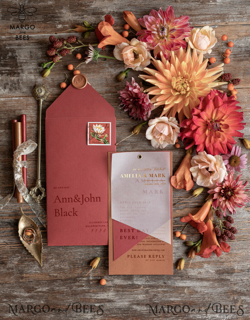 Elegant Geometric Wedding Invitations with Red and Copper Accents and Gold Foil Print Out-4
