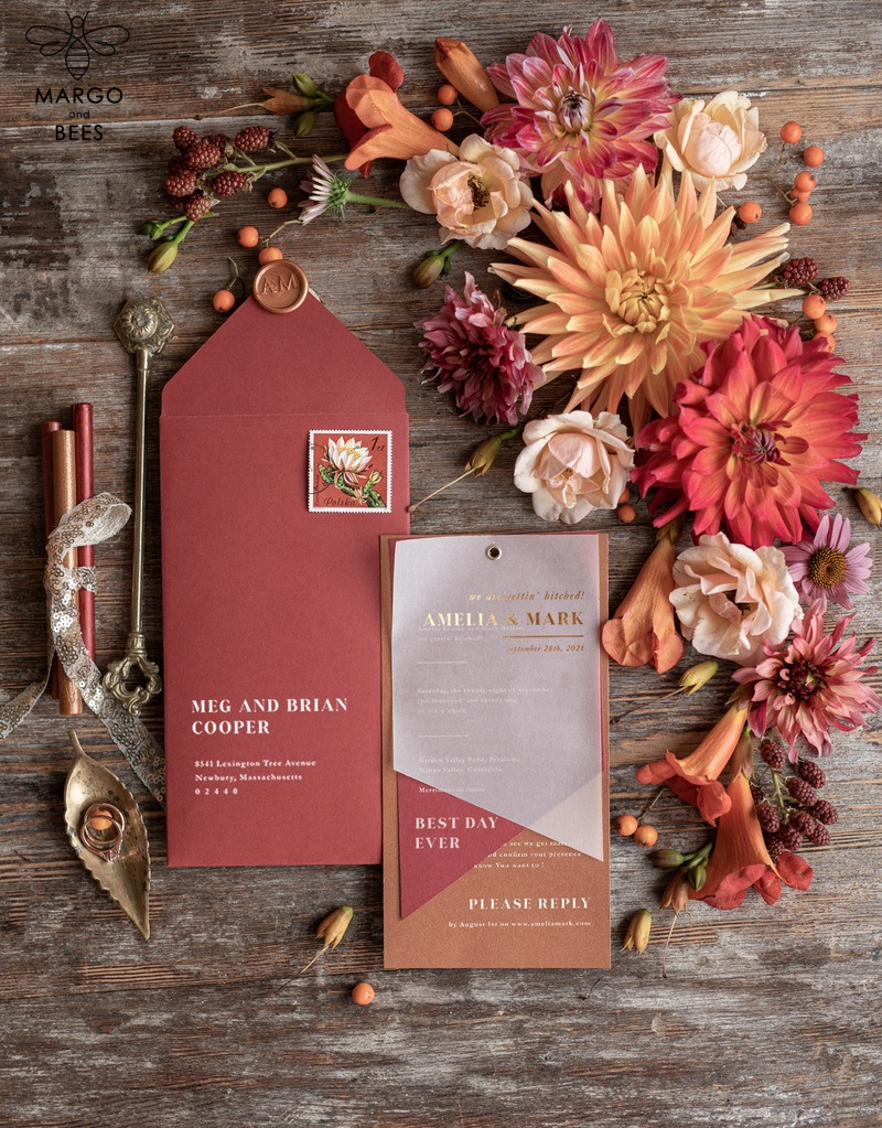 Geometric wedding invitation Suite, Red  Gold Copper Indian  Wedding Cards,  Modern Vellum Wedding Invites -9
