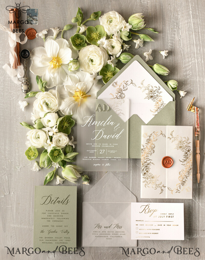 Bespoke Sage Green Acrylic wedding invitations, Glamour Gold Wedding Invitations • Golden Wax Seal Wedding Invitation Suite • Luxury Wedding Cards Sage Green Gold-0