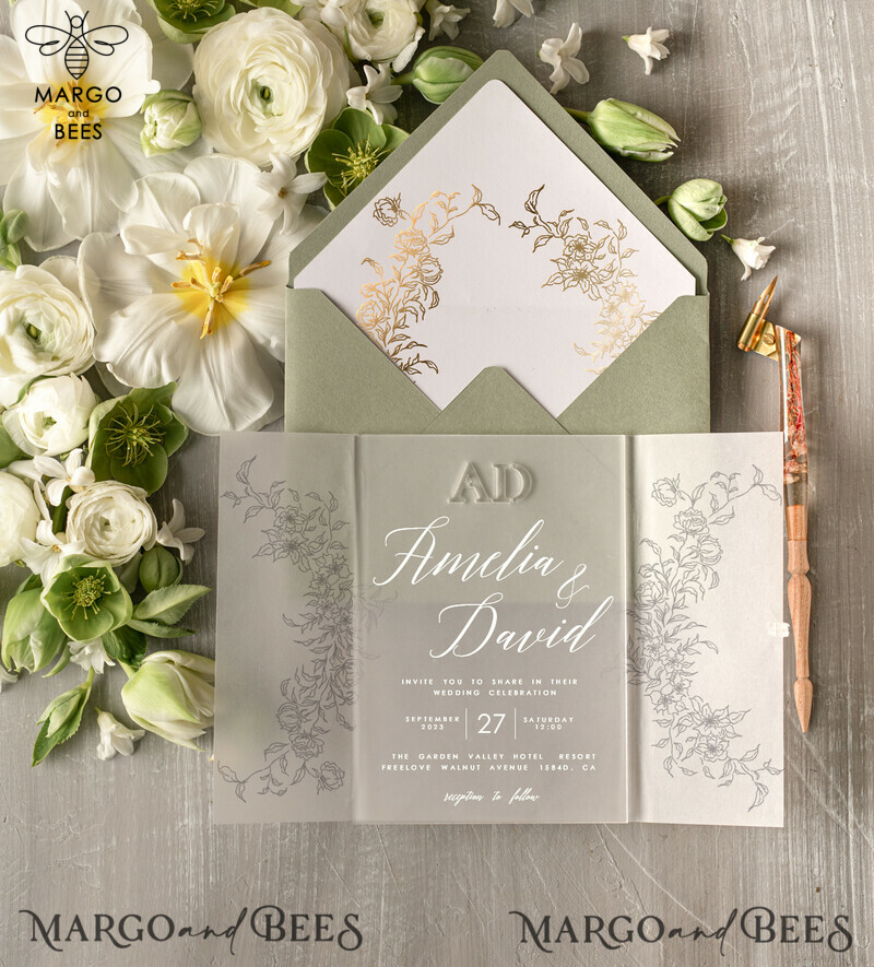 Bespoke Sage Green Acrylic wedding invitations, Glamour Gold Wedding Invitations • Golden Wax Seal Wedding Invitation Suite • Luxury Wedding Cards Sage Green Gold-1