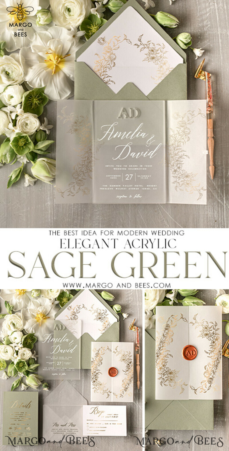 Bespoke Sage Green Acrylic Wedding Invitations with Glamour Gold Details: Golden Wax Seal and Luxury Wedding Cards-3