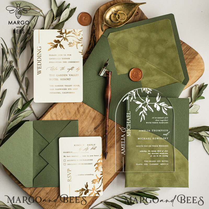 Arch Olive Wedding invitations cards, Luxury acrylic Tuscany Wedding Invitations, olive green Wedding Invitation Suite -0