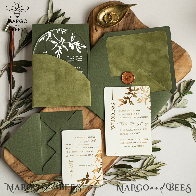 Arch Olive Wedding invitations cards, Luxury acrylic Tuscany Wedding Invitations, olive green Wedding Invitation Suite -1