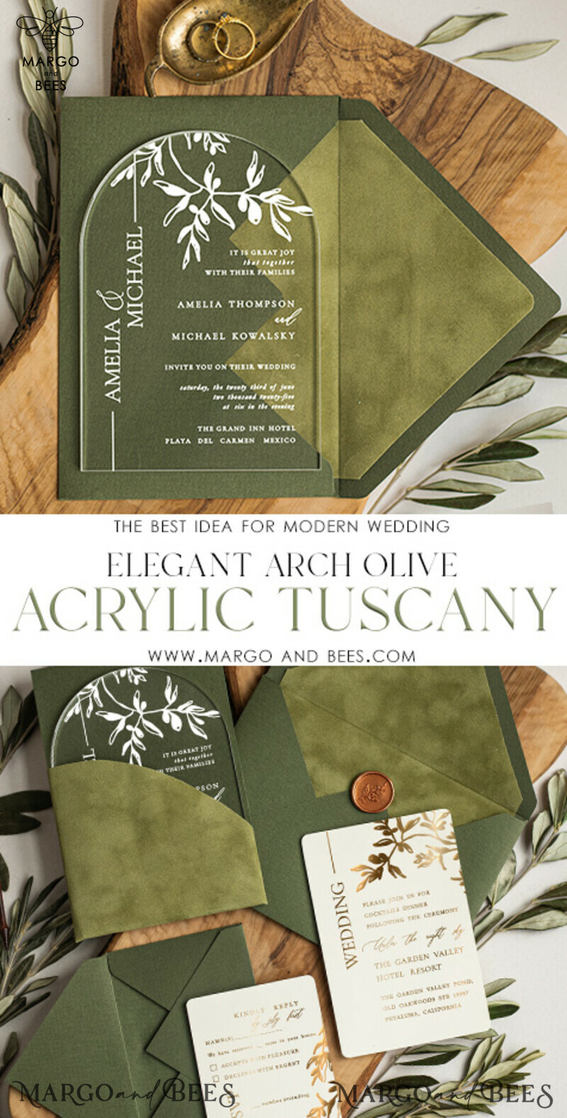 Arch Olive Wedding invitations cards, Luxury acrylic Tuscany Wedding Invitations, olive green Wedding Invitation Suite -3