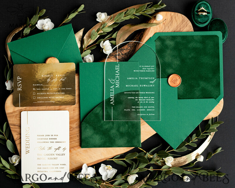 Green Arch Wedding invitations, Luxury Pocket Velvet Wedding Invitations • Glamour Gold Wedding Invitation Suite • Acrylic Greenery  Wedding Cards-0