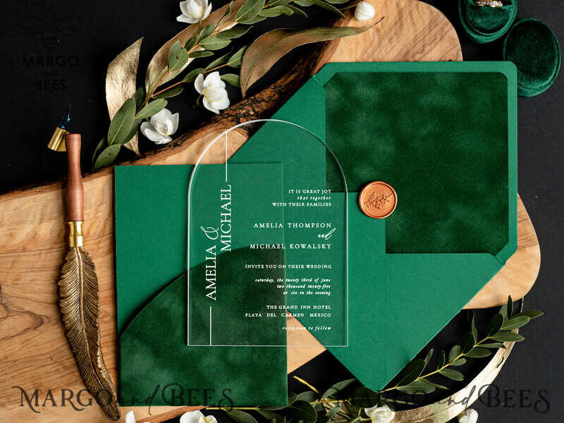 Green Arch Wedding invitations, Luxury Pocket Velvet Wedding Invitations • Glamour Gold Wedding Invitation Suite • Acrylic Greenery  Wedding Cards-4