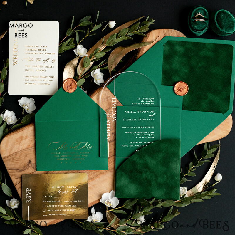 Green Arch Wedding invitations, Luxury Pocket Velvet Wedding Invitations • Glamour Gold Wedding Invitation Suite • Acrylic Greenery  Wedding Cards-6