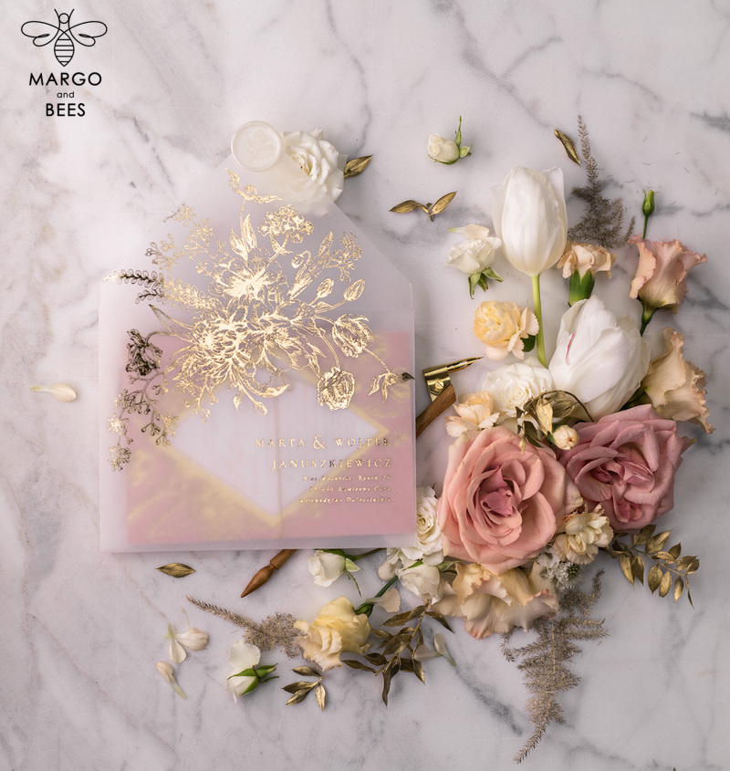 Luxory gold Wedding Invitations,  Vinatge Roses Elegant Wedding Stationery,  Pink Elegant Wedding Invitations Suite-10