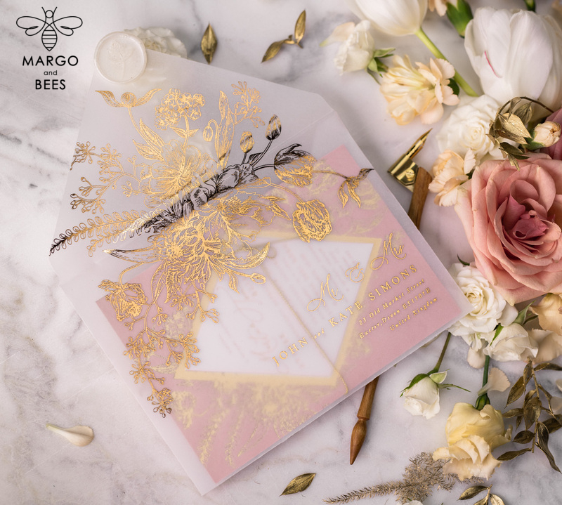 Luxory gold Wedding Invitations,  Vinatge Roses Elegant Wedding Stationery,  Pink Elegant Wedding Invitations Suite-13