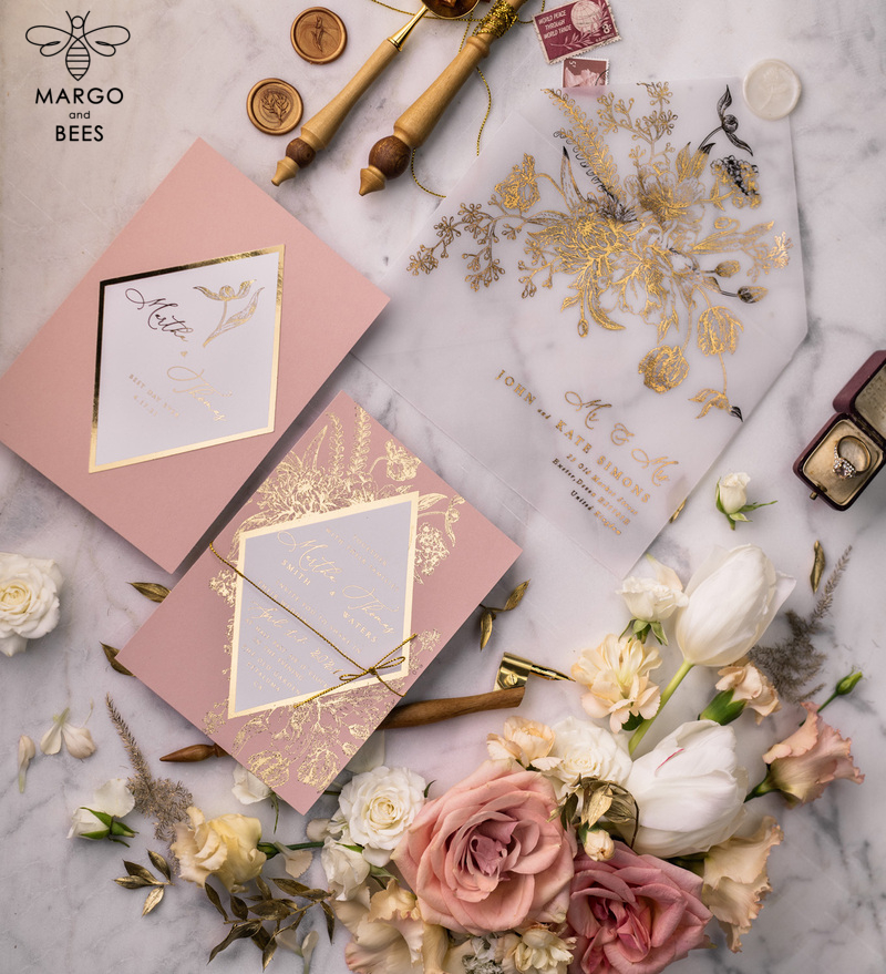 Luxory gold Wedding Invitations,  Vinatge Roses Elegant Wedding Stationery,  Pink Elegant Wedding Invitations Suite-16