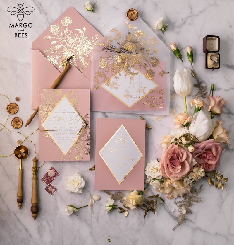 Luxory gold Wedding Invitations,  Vinatge Roses Elegant Wedding Stationery,  Pink Elegant Wedding Invitations Suite-17