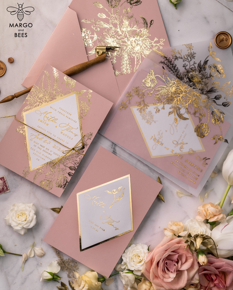 Luxory gold Wedding Invitations,  Vinatge Roses Elegant Wedding Stationery,  Pink Elegant Wedding Invitations Suite-18