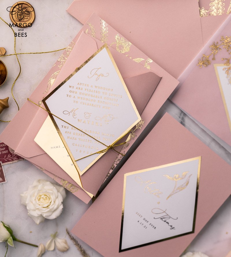 Luxory gold Wedding Invitations,  Vinatge Roses Elegant Wedding Stationery,  Pink Elegant Wedding Invitations Suite-20
