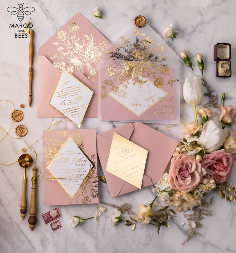 Luxory gold Wedding Invitations,  Vinatge Roses Elegant Wedding Stationery,  Pink Elegant Wedding Invitations Suite-23