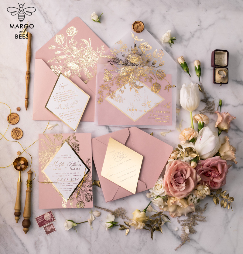 Luxory gold Wedding Invitations,  Vinatge Roses Elegant Wedding Stationery,  Pink Elegant Wedding Invitations Suite-26