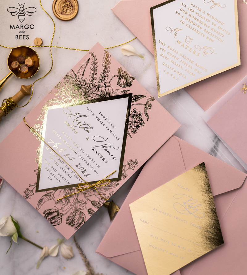 Luxory gold Wedding Invitations,  Vinatge Roses Elegant Wedding Stationery,  Pink Elegant Wedding Invitations Suite-28