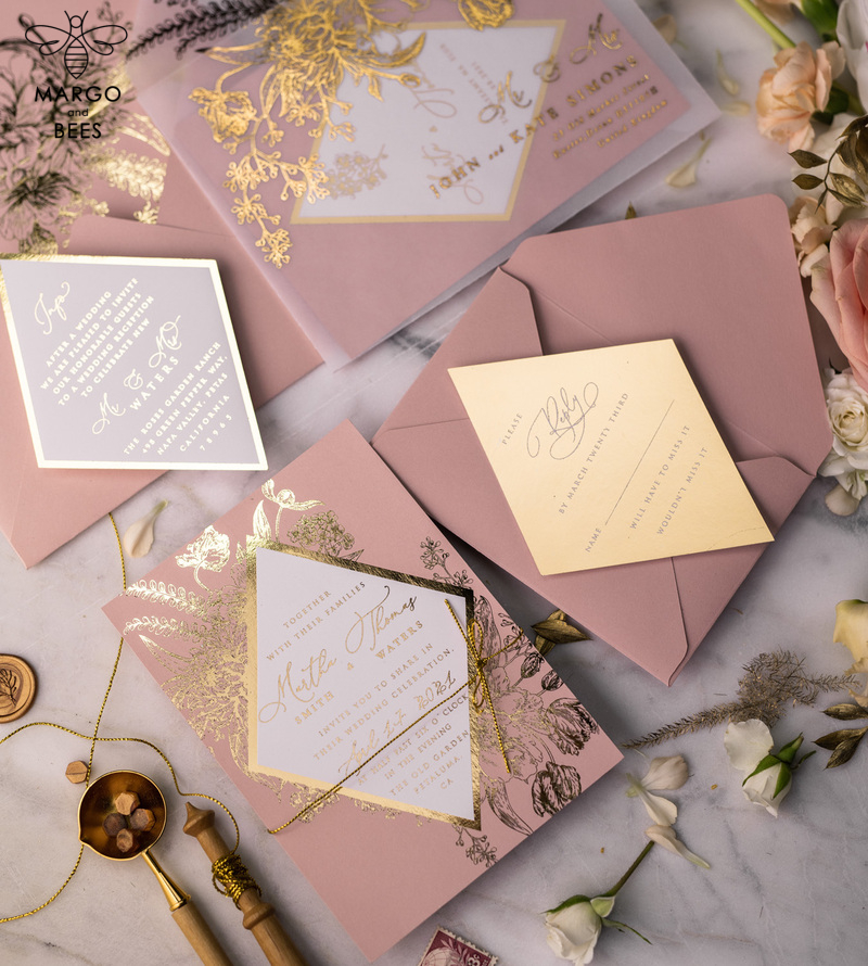 Luxory gold Wedding Invitations,  Vinatge Roses Elegant Wedding Stationery,  Pink Elegant Wedding Invitations Suite-29