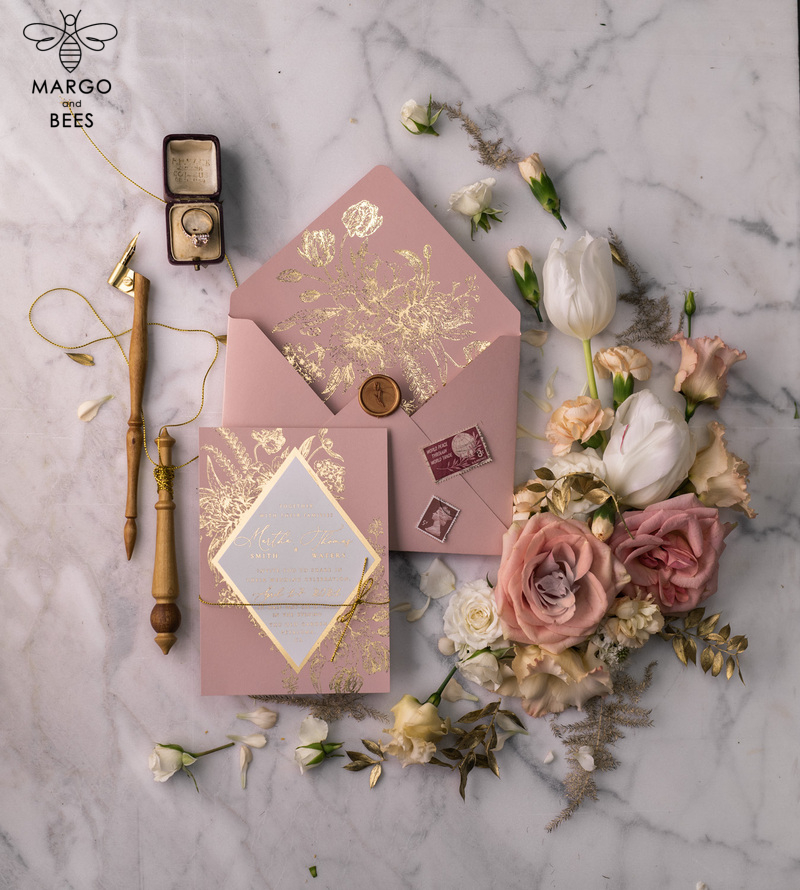 Luxory gold Wedding Invitations,  Vinatge Roses Elegant Wedding Stationery,  Pink Elegant Wedding Invitations Suite-30