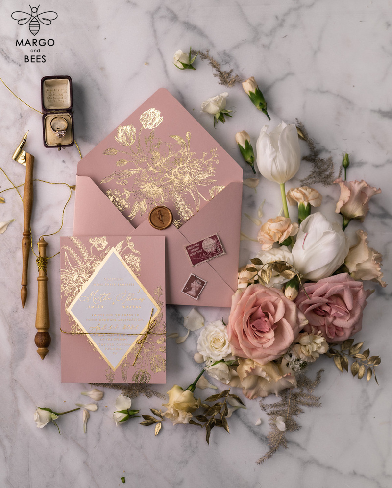 Luxory gold Wedding Invitations,  Vinatge Roses Elegant Wedding Stationery,  Pink Elegant Wedding Invitations Suite-32