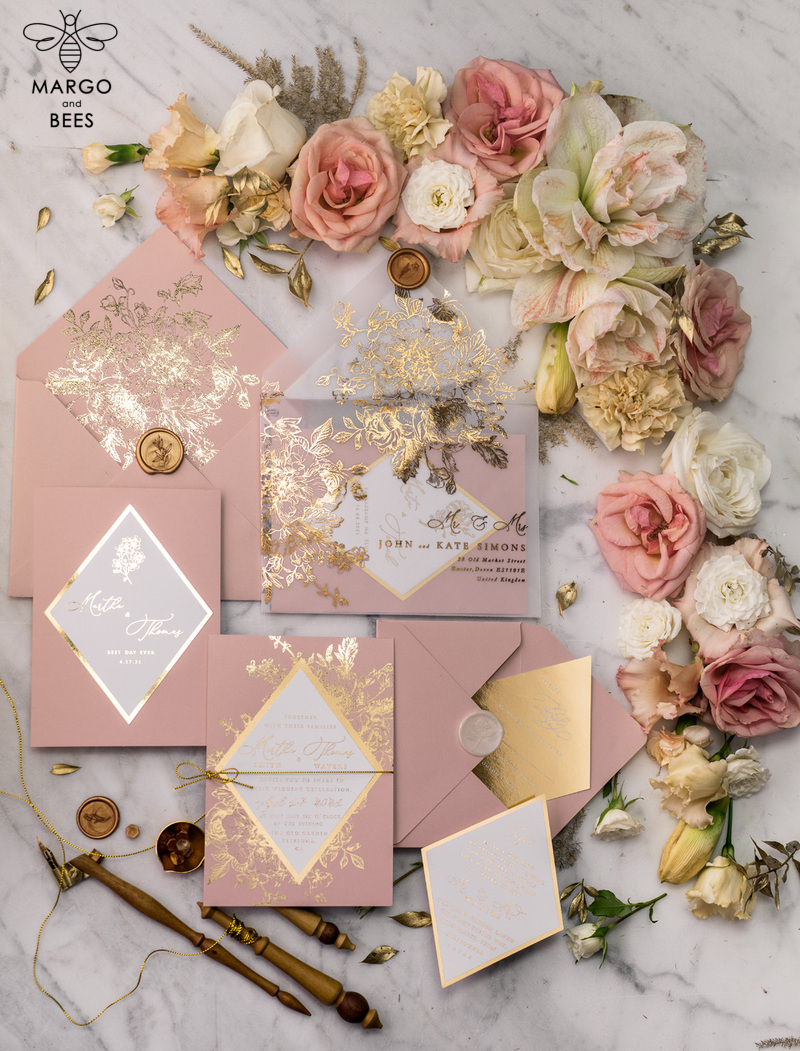Luxory gold Wedding Invitations,  Vinatge Roses Elegant Wedding Stationery,  Pink Elegant Wedding Invitations Suite-33