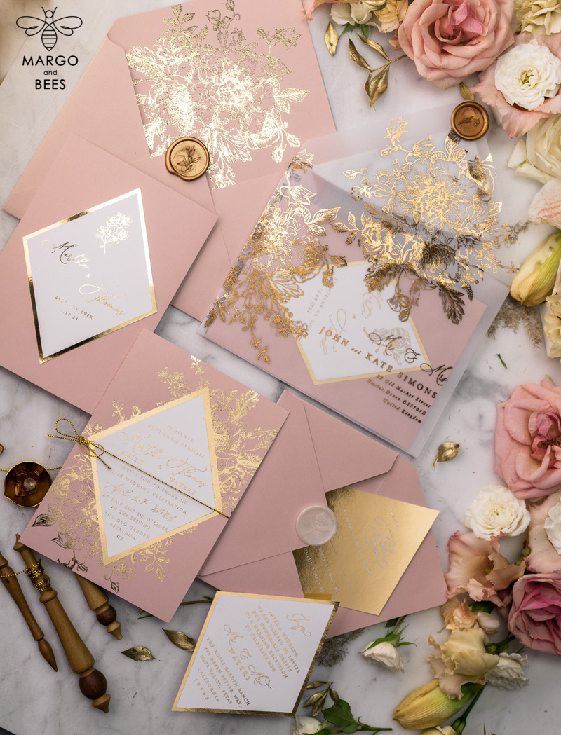 Luxory gold Wedding Invitations,  Vinatge Roses Elegant Wedding Stationery,  Pink Elegant Wedding Invitations Suite-34