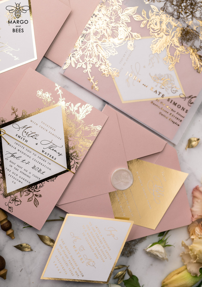 Luxory gold Wedding Invitations,  Vinatge Roses Elegant Wedding Stationery,  Pink Elegant Wedding Invitations Suite-36
