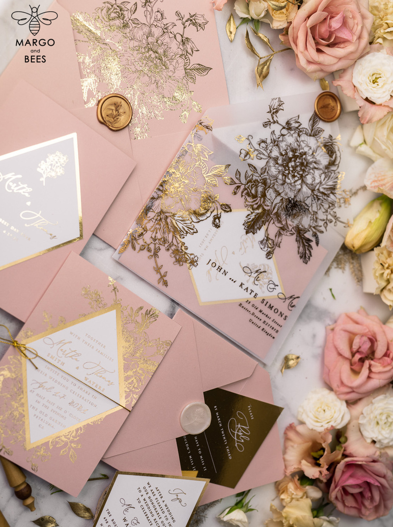 Luxory gold Wedding Invitations,  Vinatge Roses Elegant Wedding Stationery,  Pink Elegant Wedding Invitations Suite-37