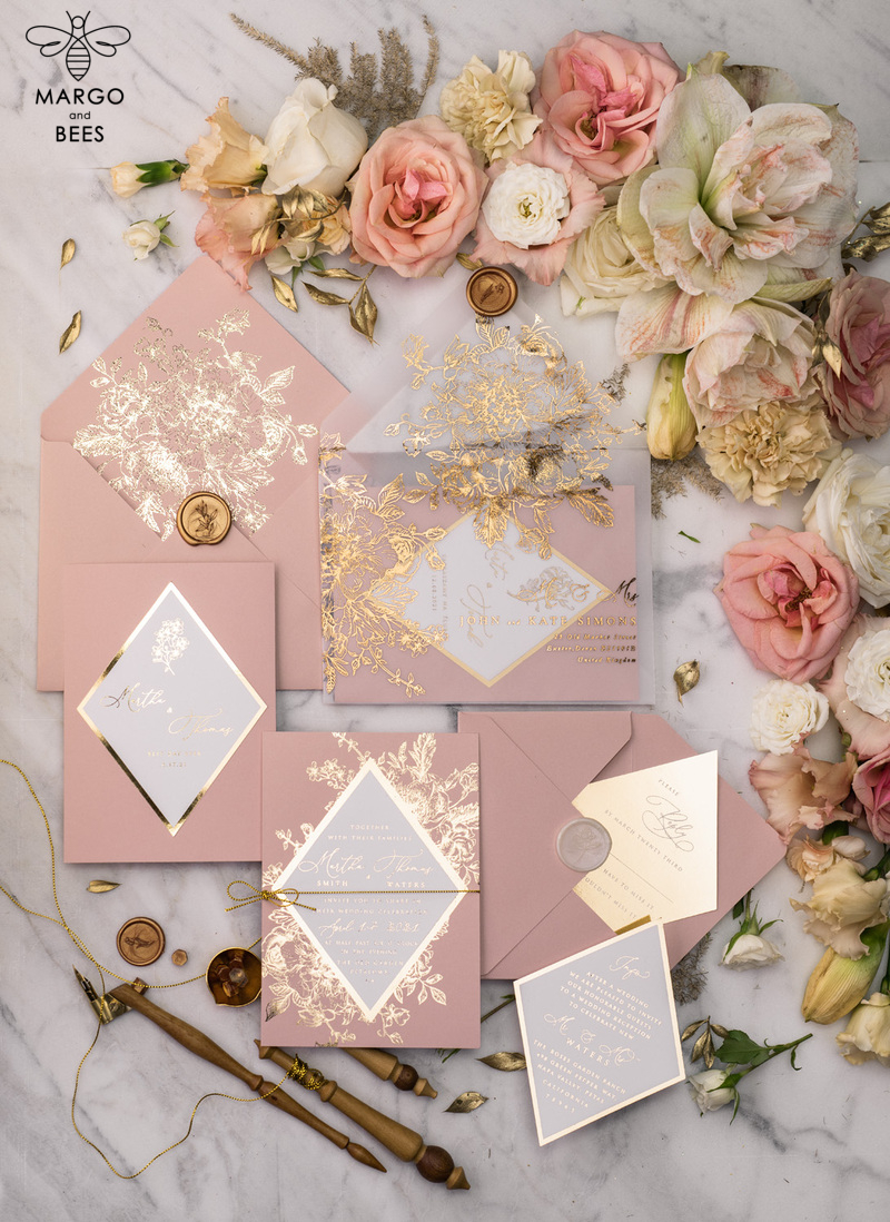 Luxory gold Wedding Invitations,  Vinatge Roses Elegant Wedding Stationery,  Pink Elegant Wedding Invitations Suite-38