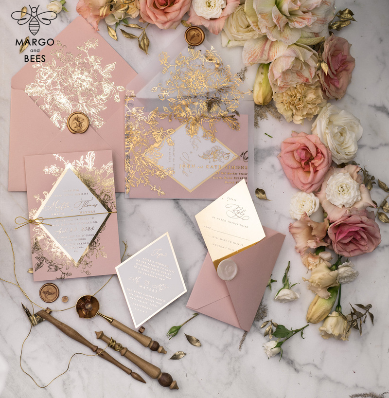 Luxory gold Wedding Invitations,  Vinatge Roses Elegant Wedding Stationery,  Pink Elegant Wedding Invitations Suite-39