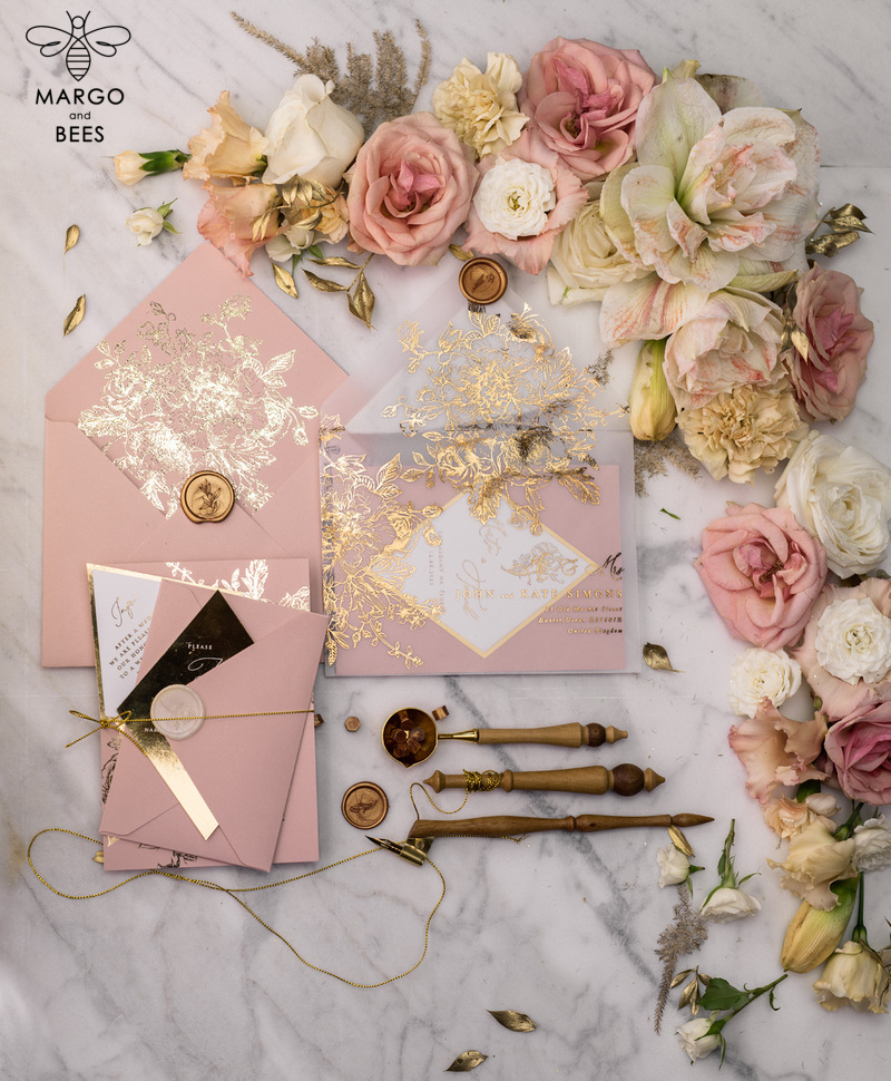 Luxory gold Wedding Invitations,  Vinatge Roses Elegant Wedding Stationery,  Pink Elegant Wedding Invitations Suite-40