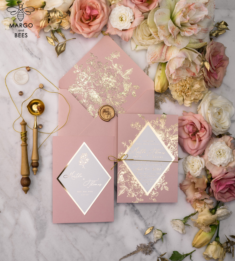 Luxory gold Wedding Invitations,  Vinatge Roses Elegant Wedding Stationery,  Pink Elegant Wedding Invitations Suite-46