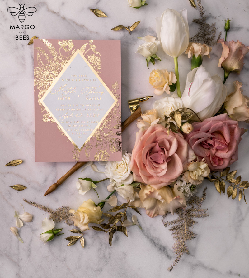 Luxory gold Wedding Invitations,  Vinatge Roses Elegant Wedding Stationery,  Pink Elegant Wedding Invitations Suite-5