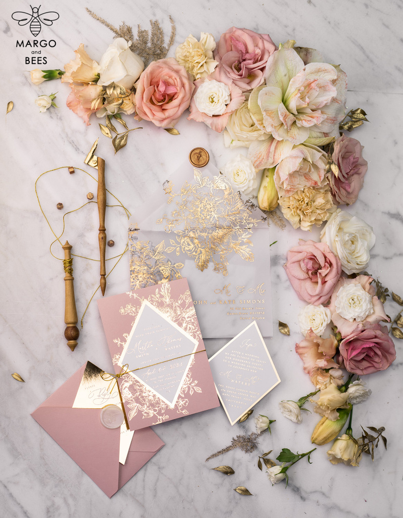 Luxory gold Wedding Invitations,  Vinatge Roses Elegant Wedding Stationery,  Pink Elegant Wedding Invitations Suite-52