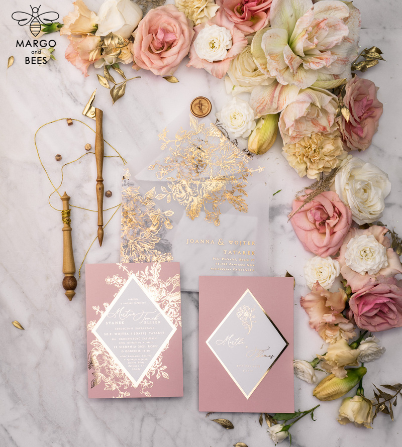 Luxory gold Wedding Invitations,  Vinatge Roses Elegant Wedding Stationery,  Pink Elegant Wedding Invitations Suite-53