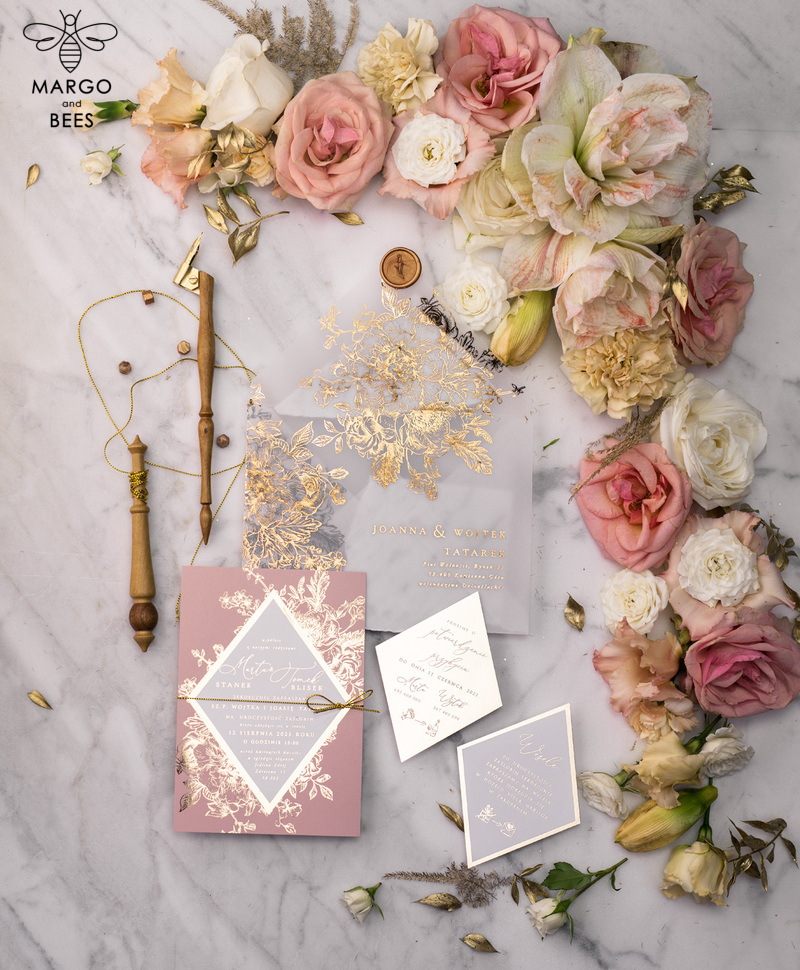 Luxory gold Wedding Invitations,  Vinatge Roses Elegant Wedding Stationery,  Pink Elegant Wedding Invitations Suite-54