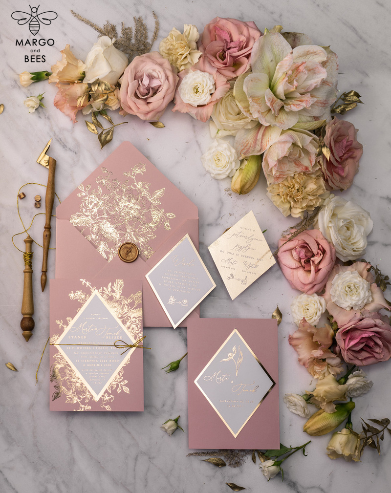 Luxory gold Wedding Invitations,  Vinatge Roses Elegant Wedding Stationery,  Pink Elegant Wedding Invitations Suite-55